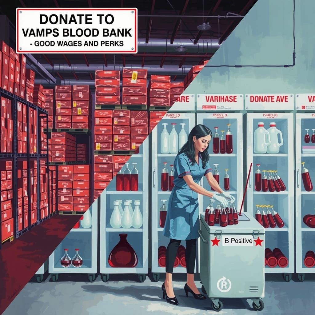 Vampires' Blood Supply Warehouse in Hyperdetailed Oil Painti...