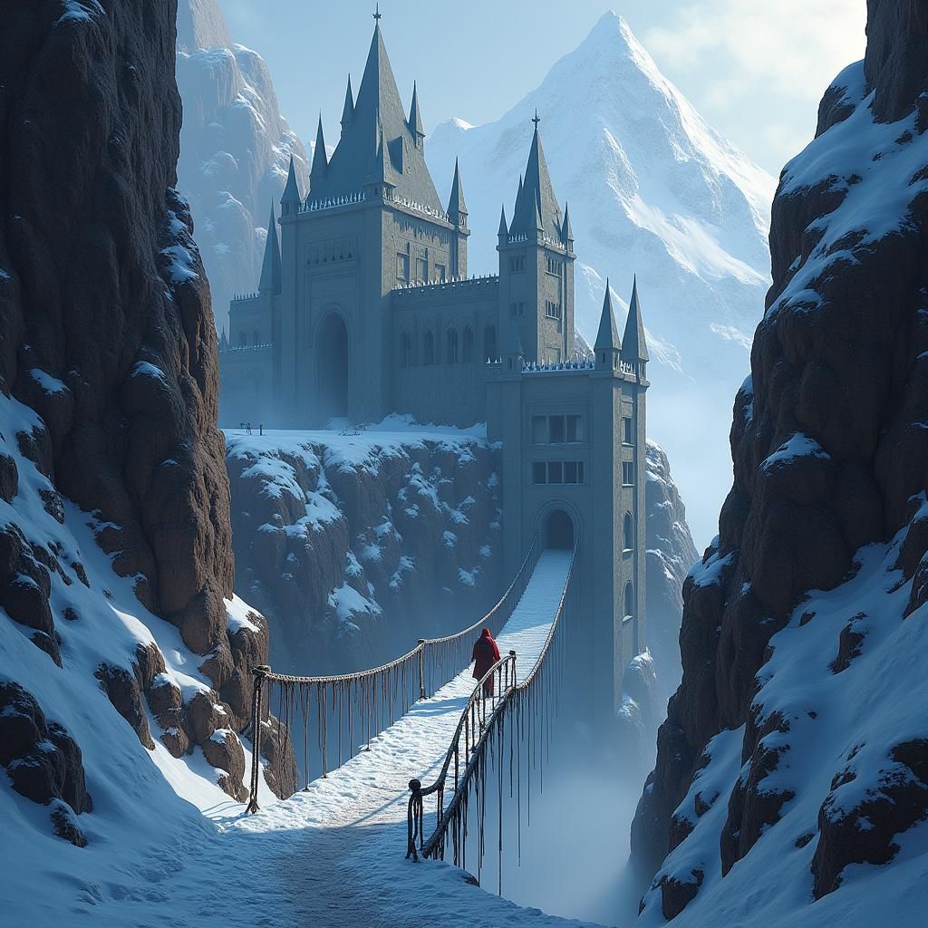 Assassin Fortress in Snowy Peaks, Dark Fantasy Art
