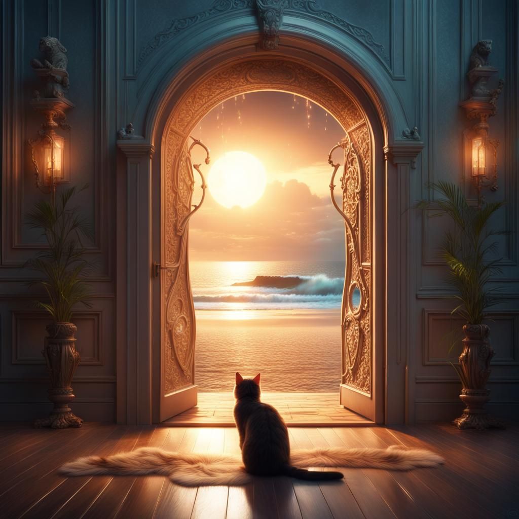Glowing Feline Portal to a Sunny Beach