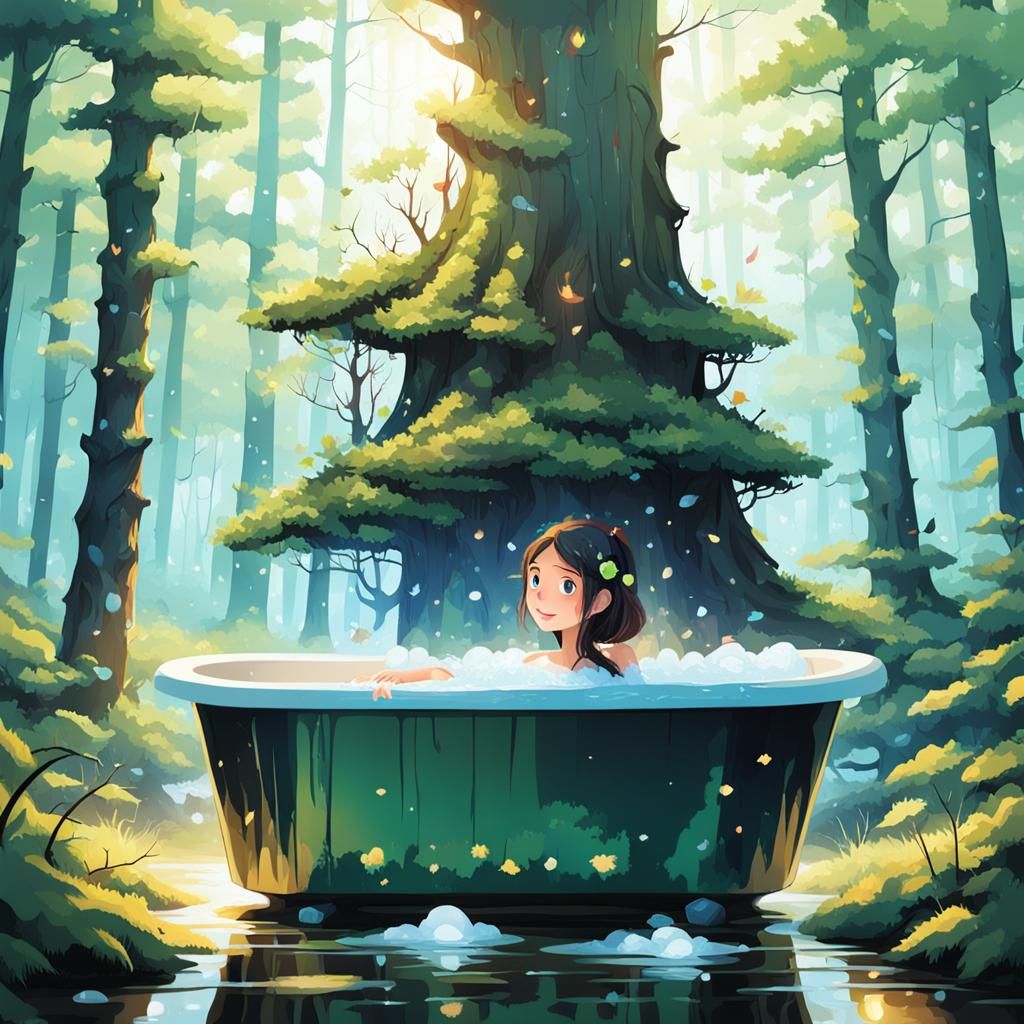 Girl in Tub: Forest Scene on a Sunny Day