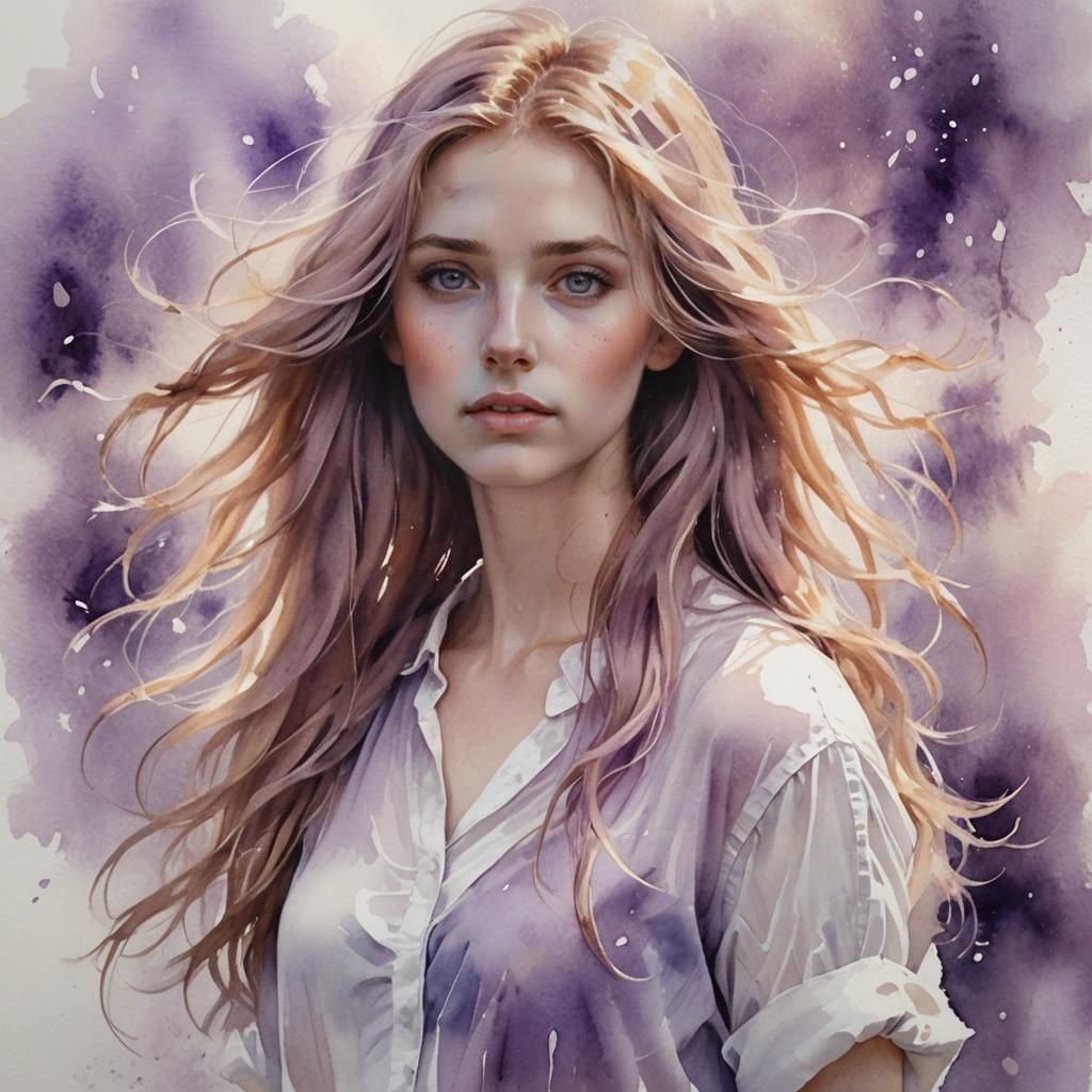 Ethereal Woman in Twilight Meadow Watercolor Painting