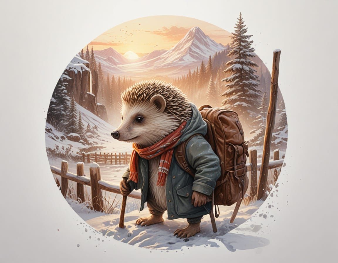 Hedgehog Adventurer in Snowy Mountains at Sunset