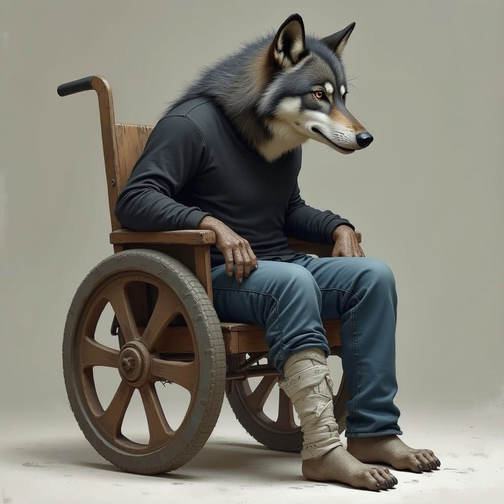 Old Wolf in Wheelchair, Realistic Rendering Style