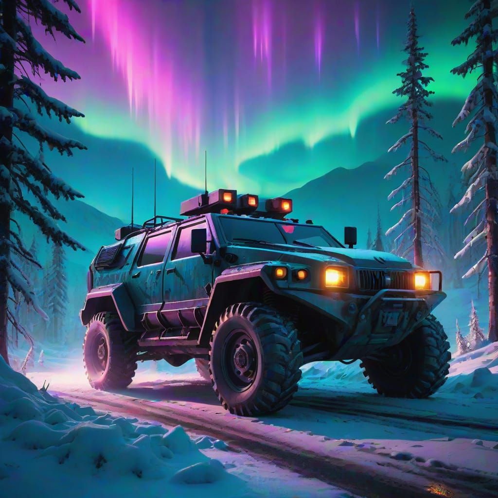 Cyberpunk Armoured Car Under Vibrant Aurora Borealis