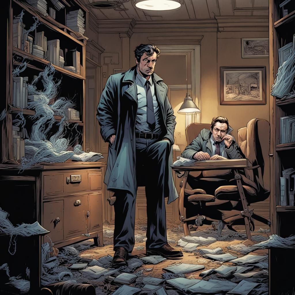 Grizzled Detective Investigating Crime Scene in Comic Book A...