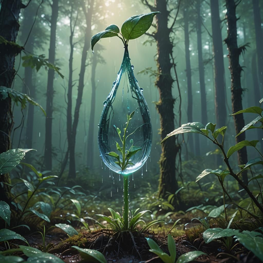 Glowing Raindrop Nurtures Seed in Fantasy Forest