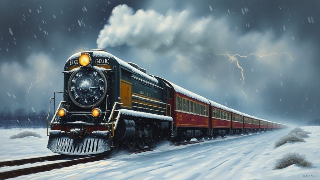Vintage Train Speeds Through Snowstorm in Oil Painting Style