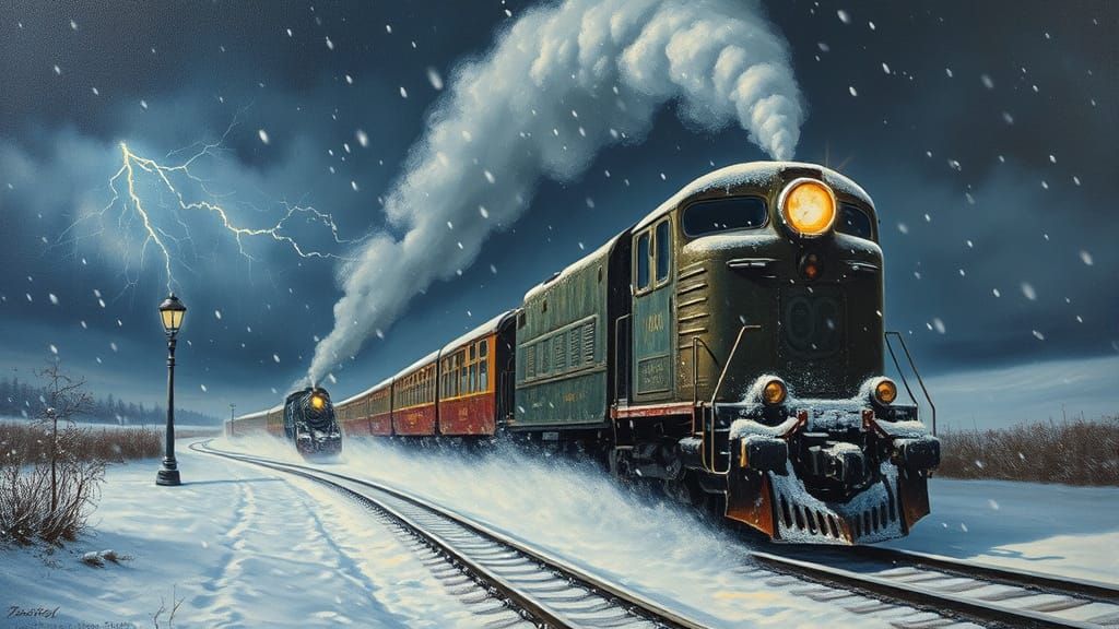 Vintage Snow Train in Lightning Storm