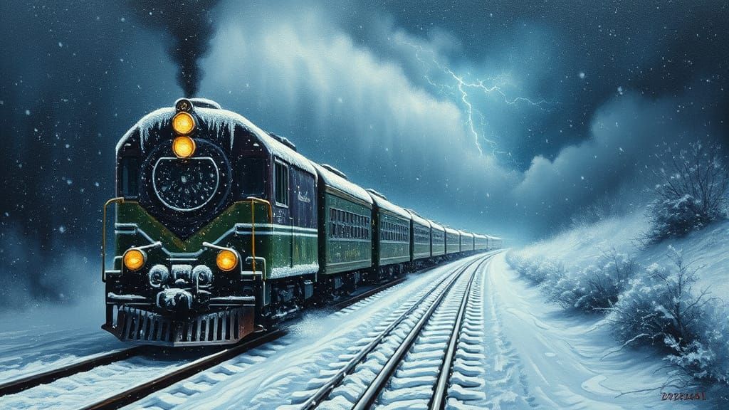 Vintage Train Speeds Through Snowy Storm