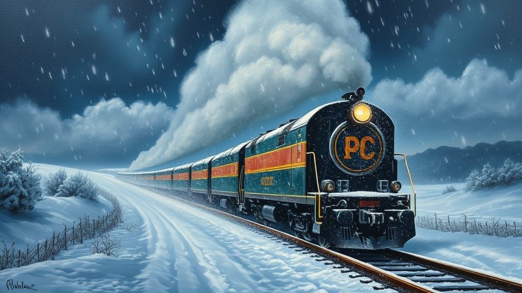 Vintage Train Speeds Through Snowy Storm