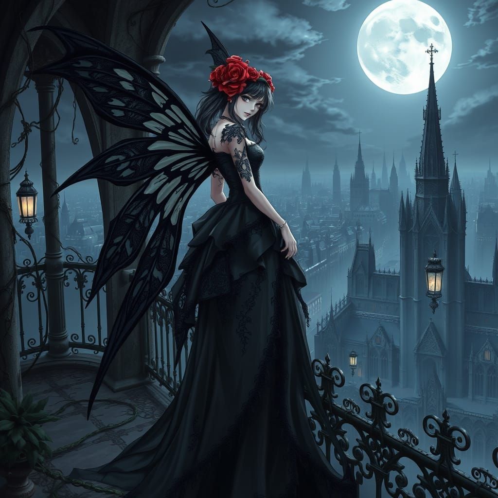 Gothic Fairy Queen on Moonlit Balcony