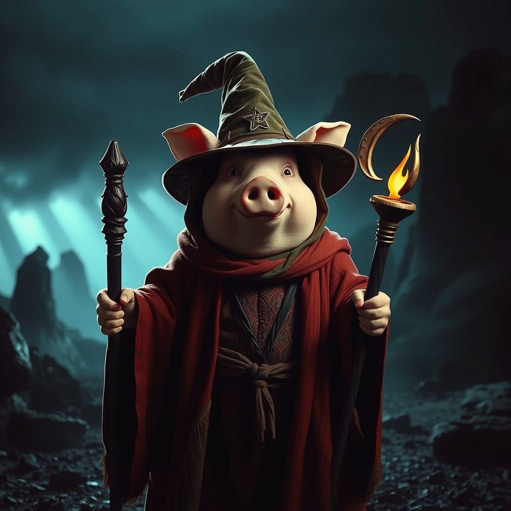 Pig Wizard in Dark Fantasy World: Cinematic Film Still