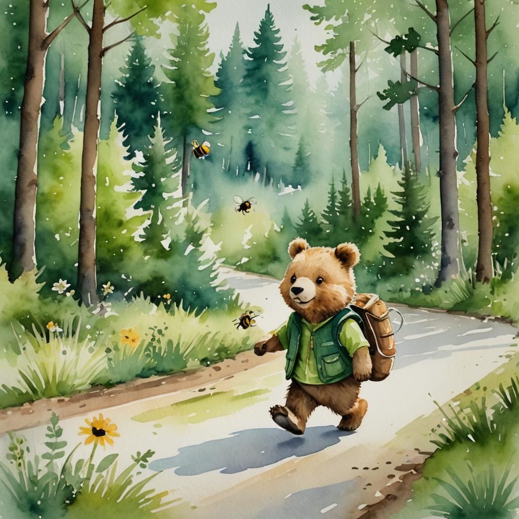 Bear, Rabbit, and Bee Forest Walk: Watercolor Art