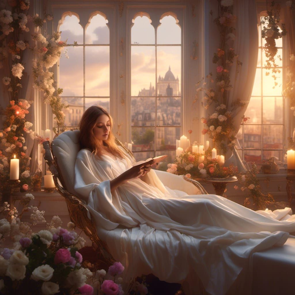 Girl Reading Book in Hyperrealistic Golden Hour Lighting