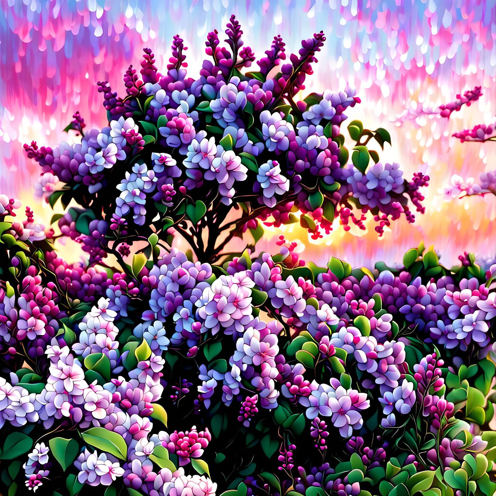 Lilac Bush with Colorful Sunset Sky