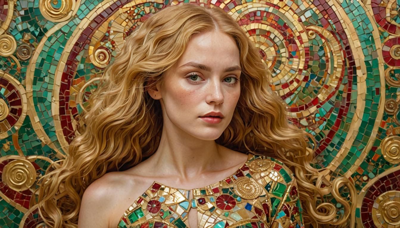 A majestic figure of a woman with golden, flowing hair, her ...