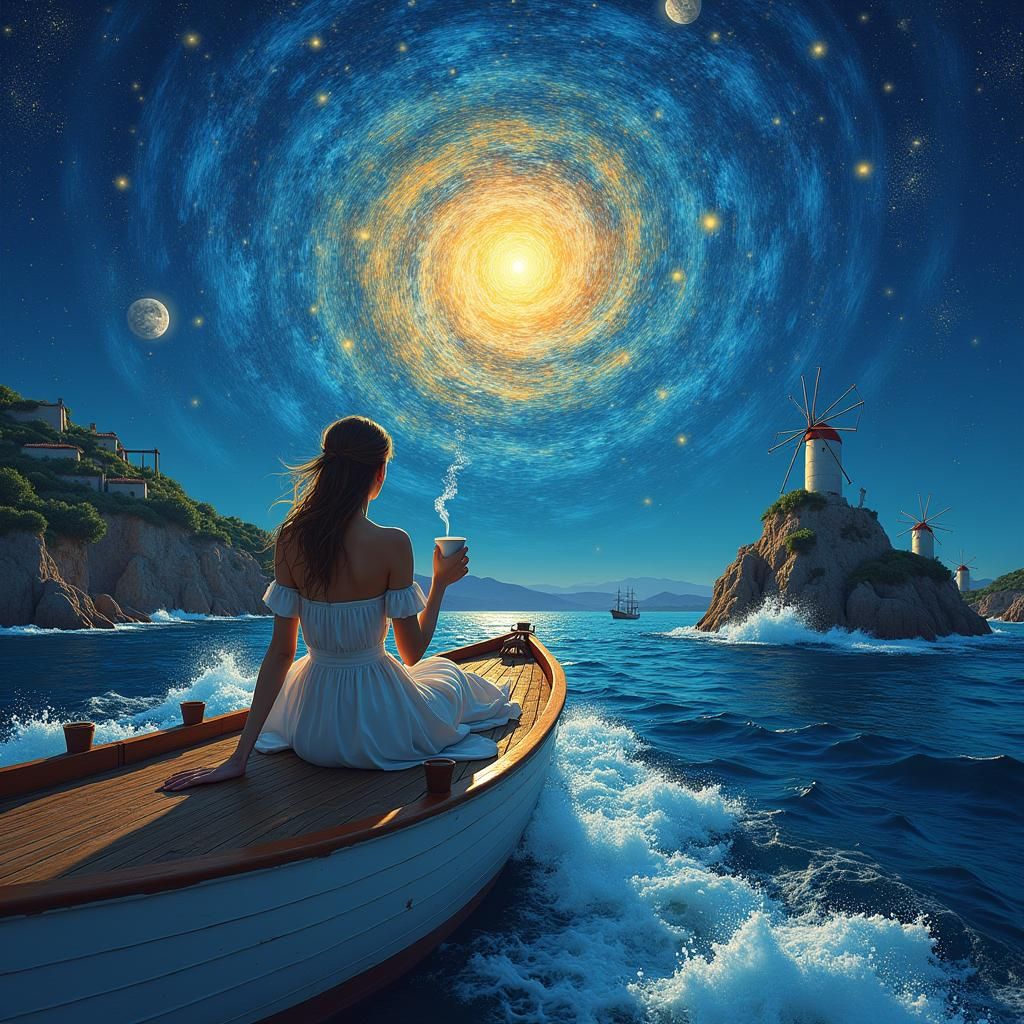 Greek Island Ferry with Mermaid in Van Gogh Style