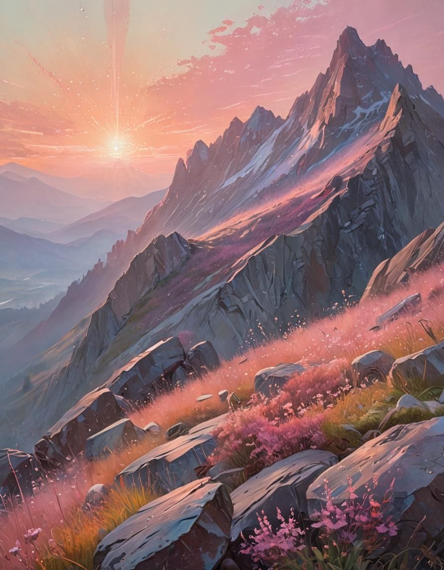 Majestic Mountain Summit Sunrise Oil Painting
