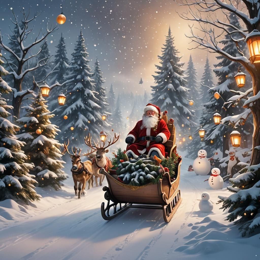 Santa's Sleigh on Snowy White Christmas Scene