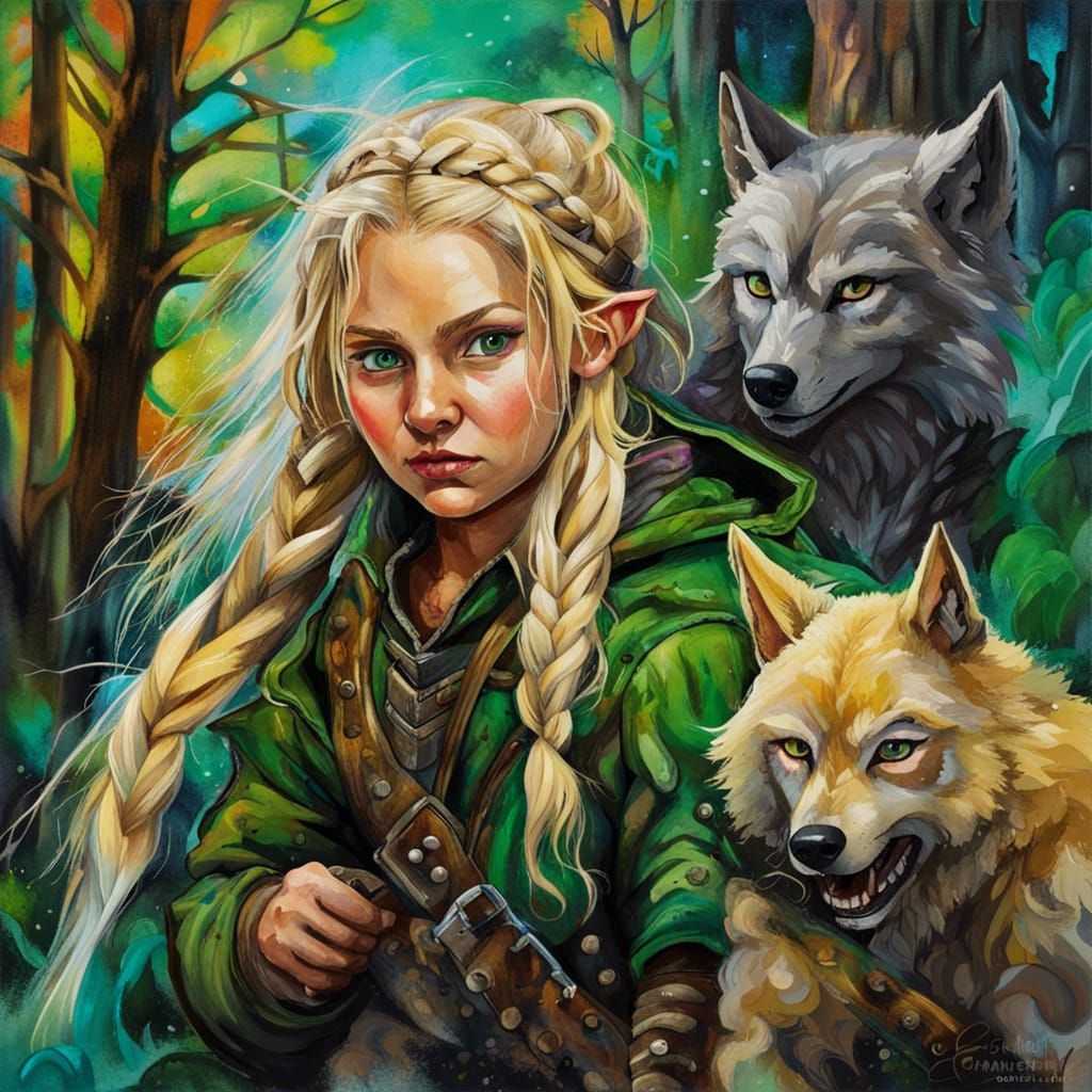 Halfling Beastmaster with Wolf, Graffiti Art Style