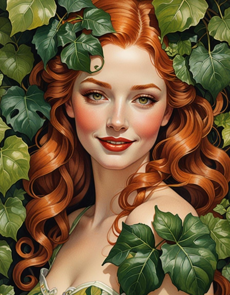 Sensual Watercolor Pin-Up in Whimsical Ivy Surrounds