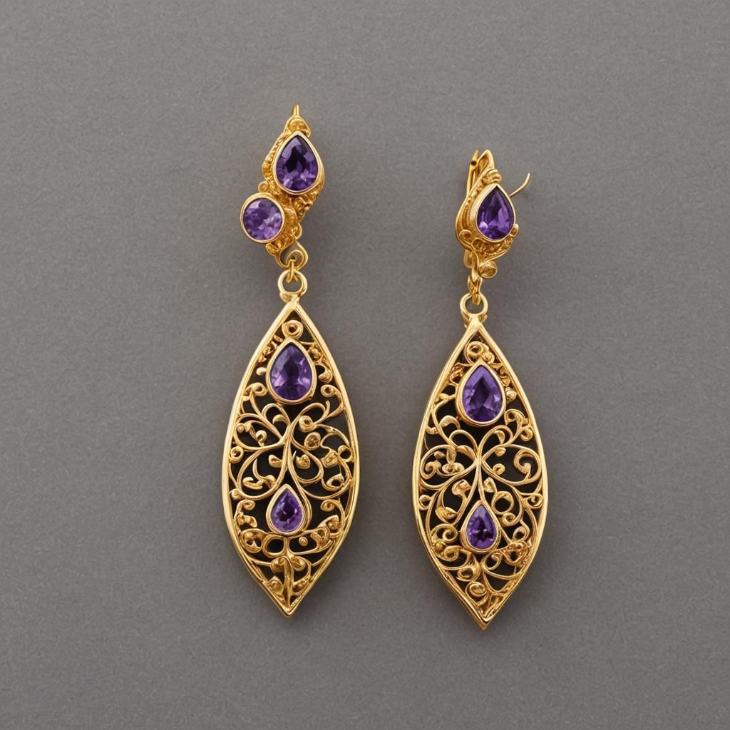 Gold Filigree Earrings with Amethyst Stone