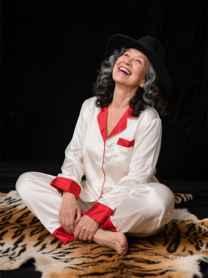 Playful Woman in Fedora Hat Laughing in Photorealistic Style