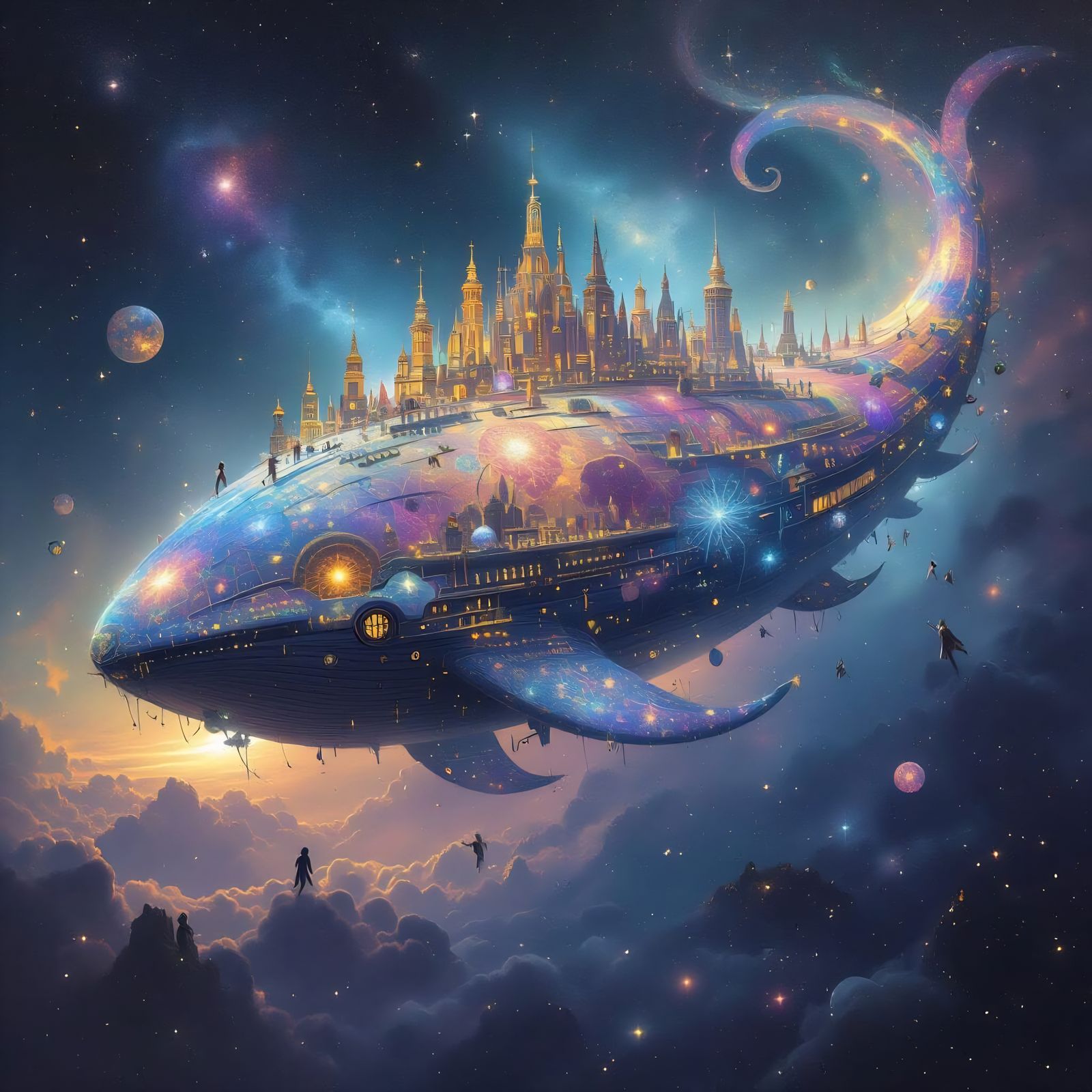 A celestial leviathan drifts through the cosmos, its body a tapestry of swirling nebulae and glittering stardust. Biolum...