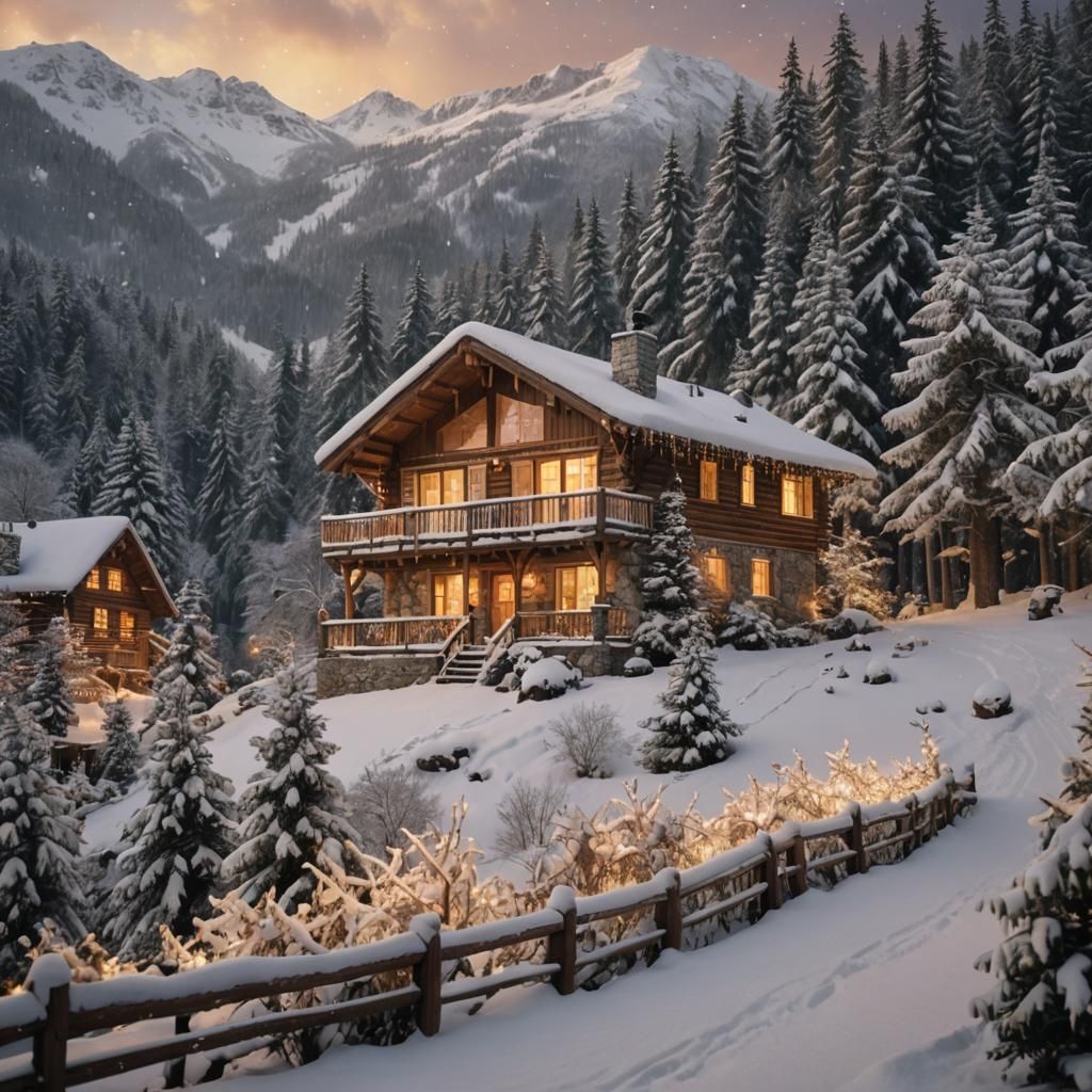 Warm Winter Wonderland Scene in Thomas Kinkade Style