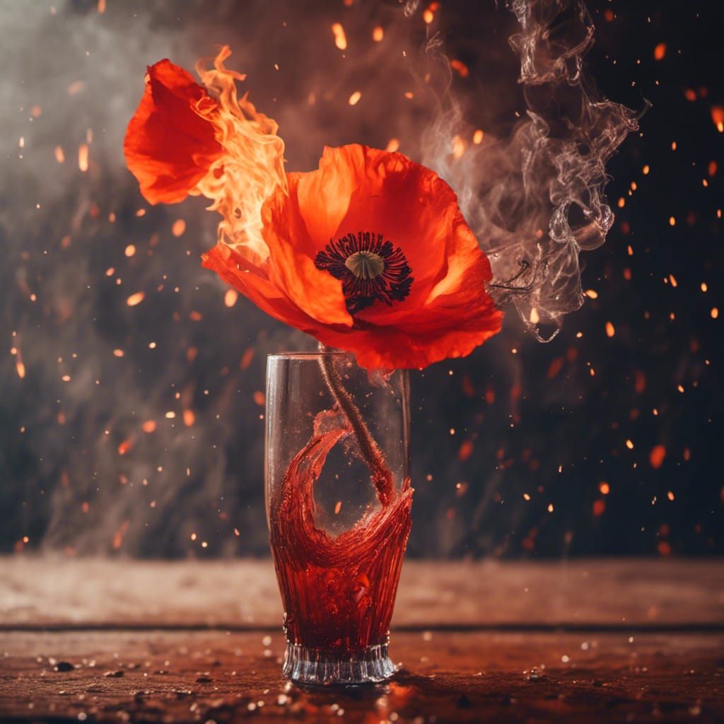 Burning Translucent Poppy in Vase with Fire