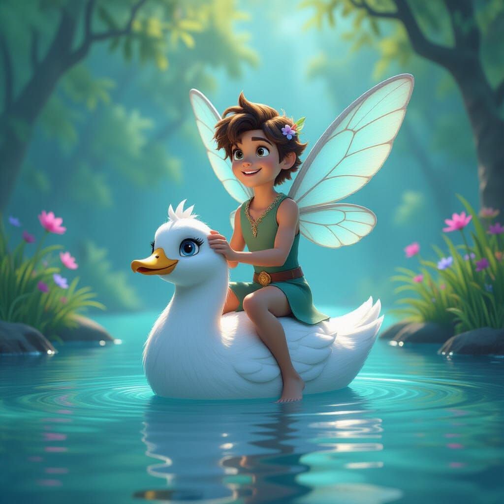 Young Fairy on Bird, Pixar-Inspired 3D Art