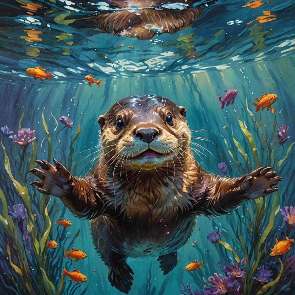Happy Otter Waving Underwater: Oil Painting