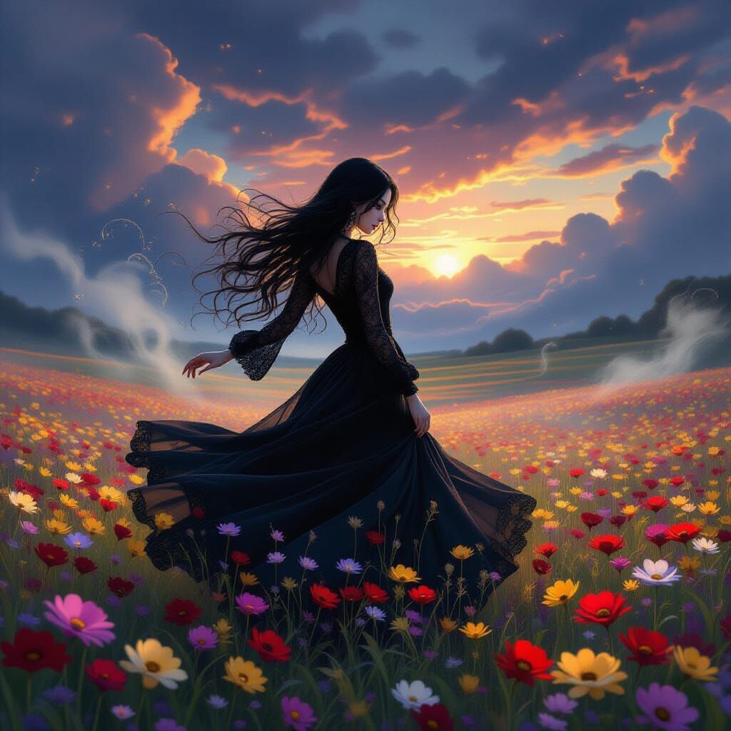 Gothic Girl Dancing in Ethereal Flower Field