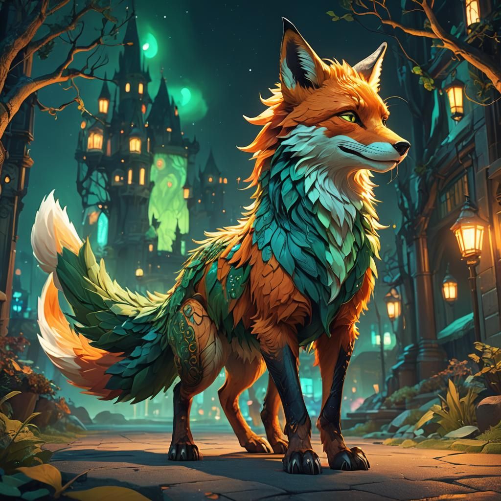 Green Fox Dragon in Ethereal Fantasy Landscape