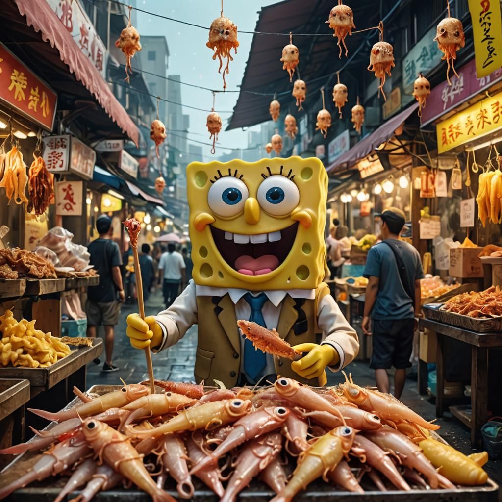 Spongebob Vendor Selling Squid: Hyper-Realistic Digital Art