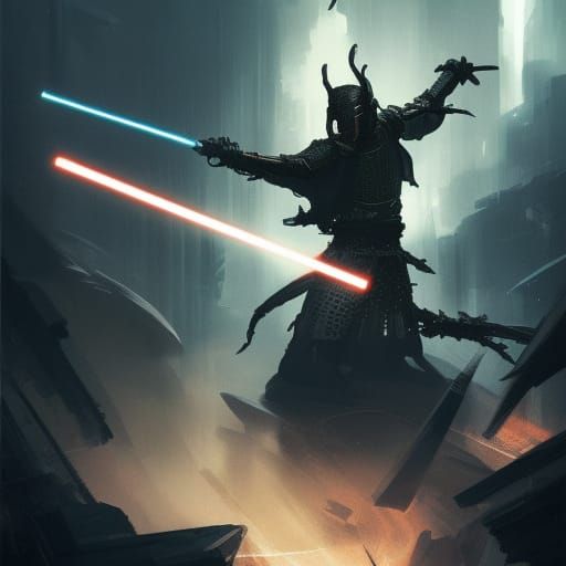 Samurai Lightsaber Dragon Fight in Cyberpunk City