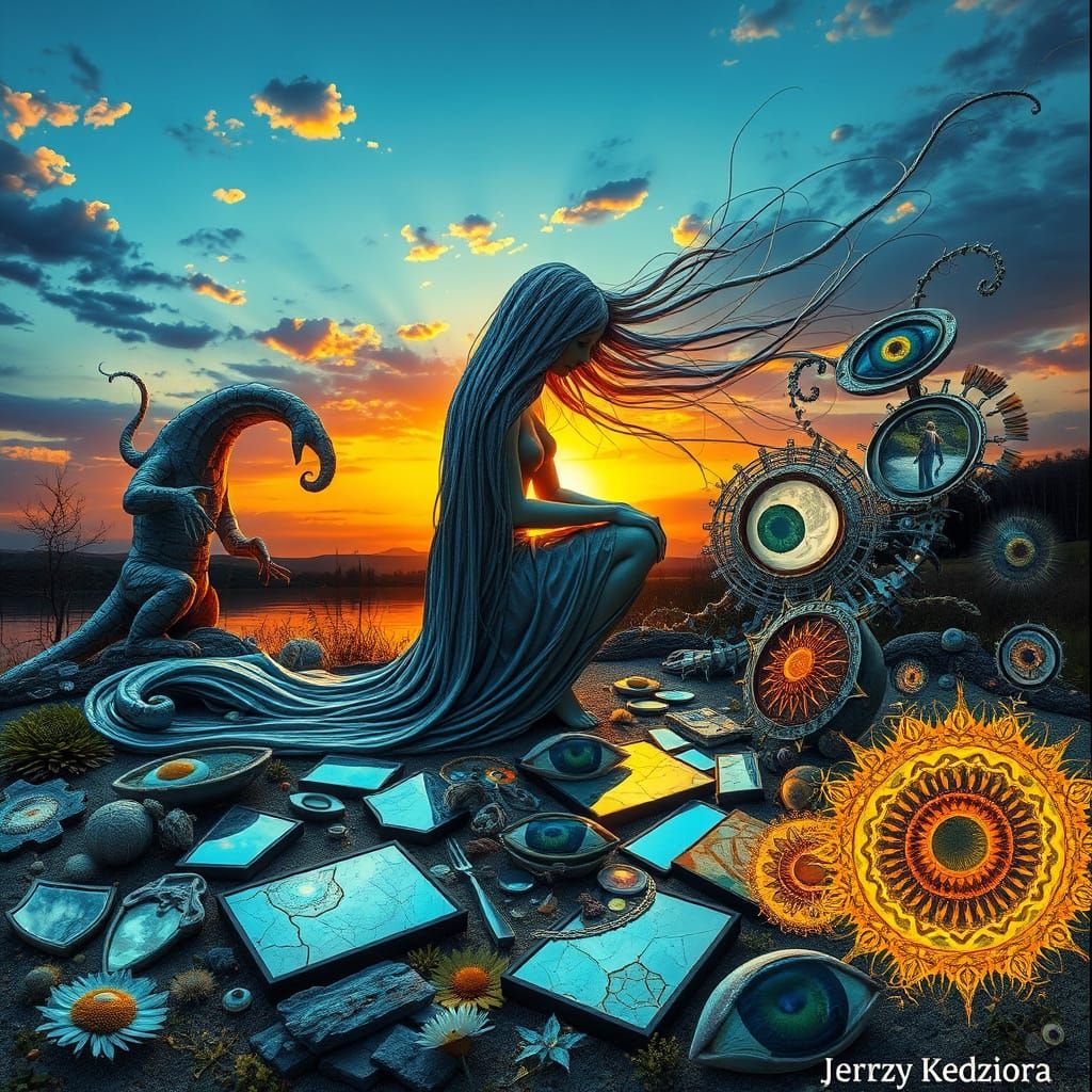 Surreal Sculpture: Woman, Sunset, and Bio-Art Resilience