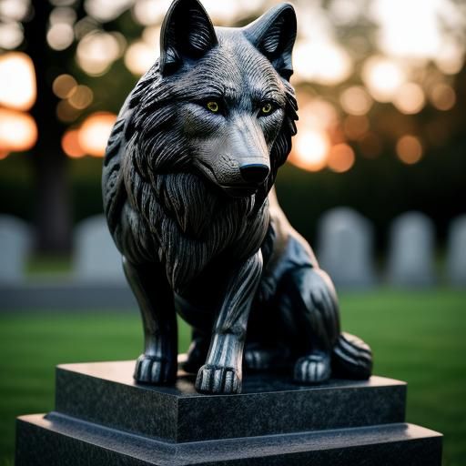 Black Marble Headstone with Etched Wolf