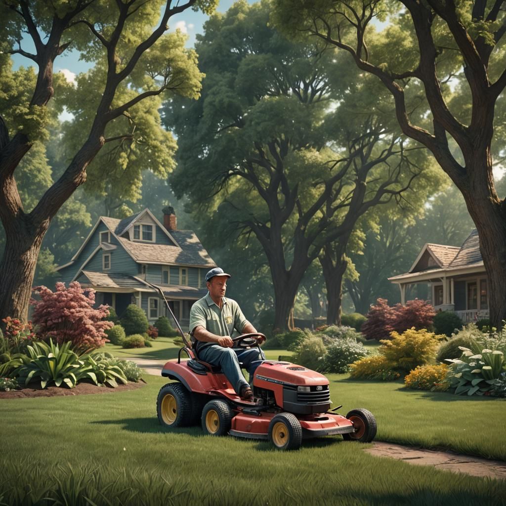 American Male Mowing Lawn in 1950s: Matte Painting