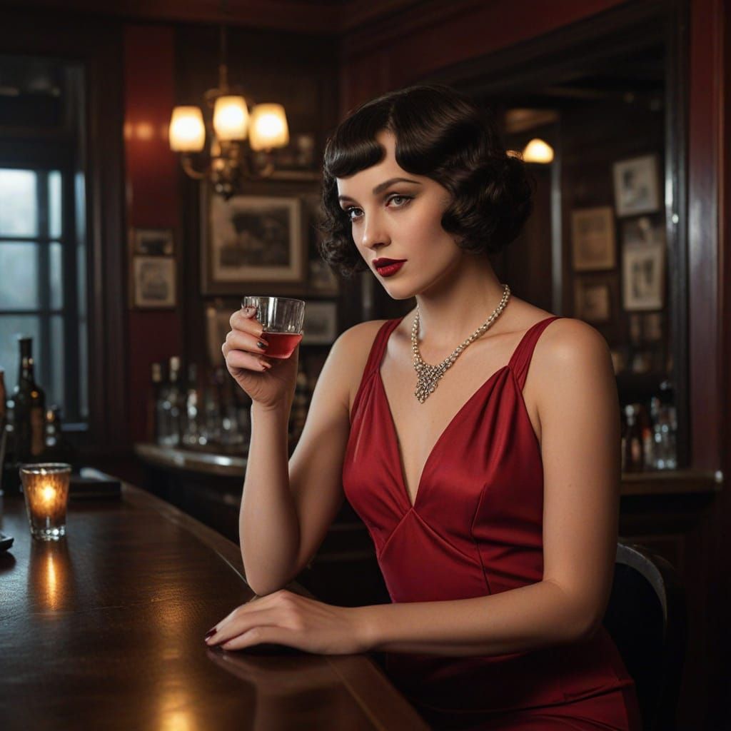1920s Speakeasy: Woman in Red Dress, Cinematic Lighting