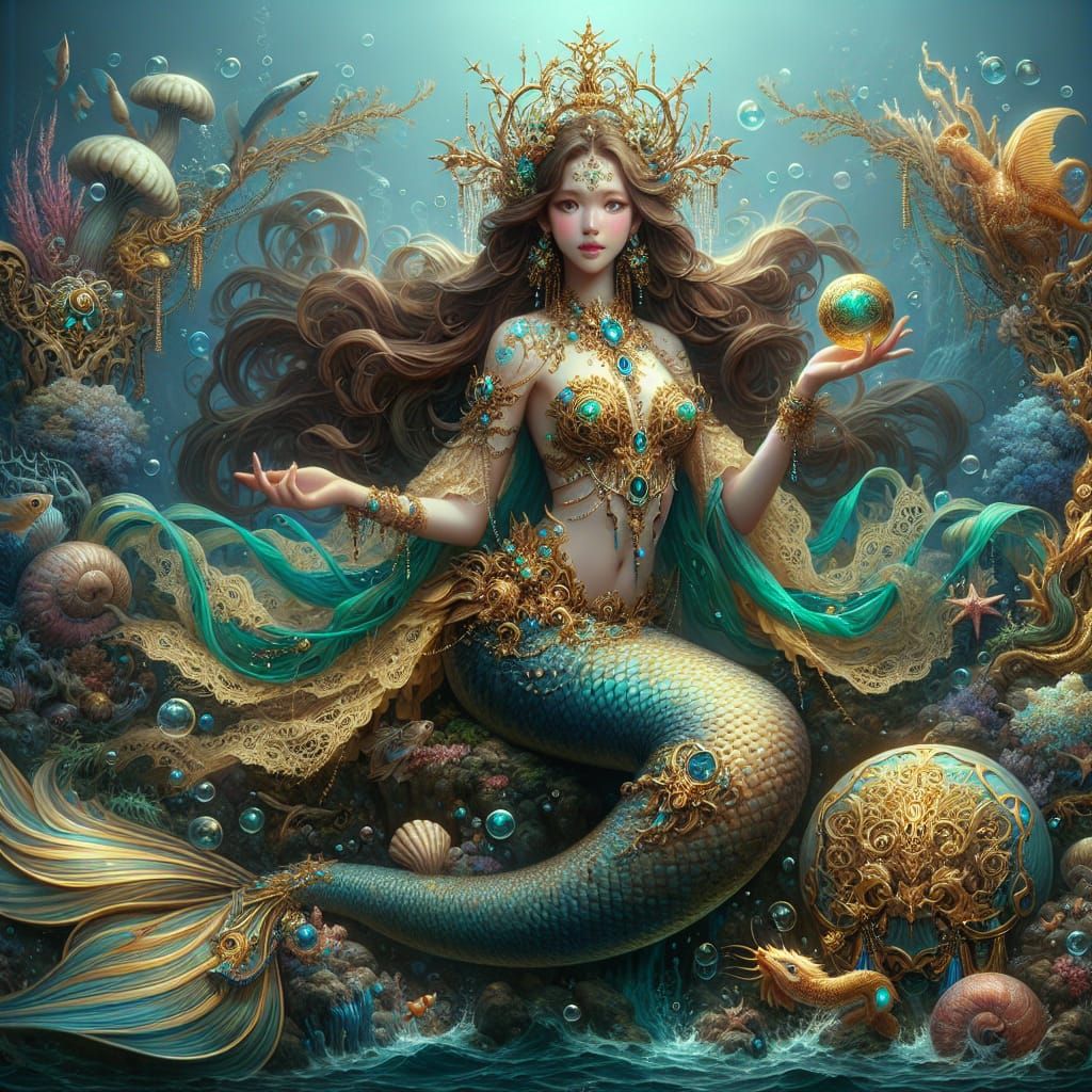 full body mermaid medium length tail, long brown flowing hair with turquoise hues, wearing a crown, green eyes with dark...