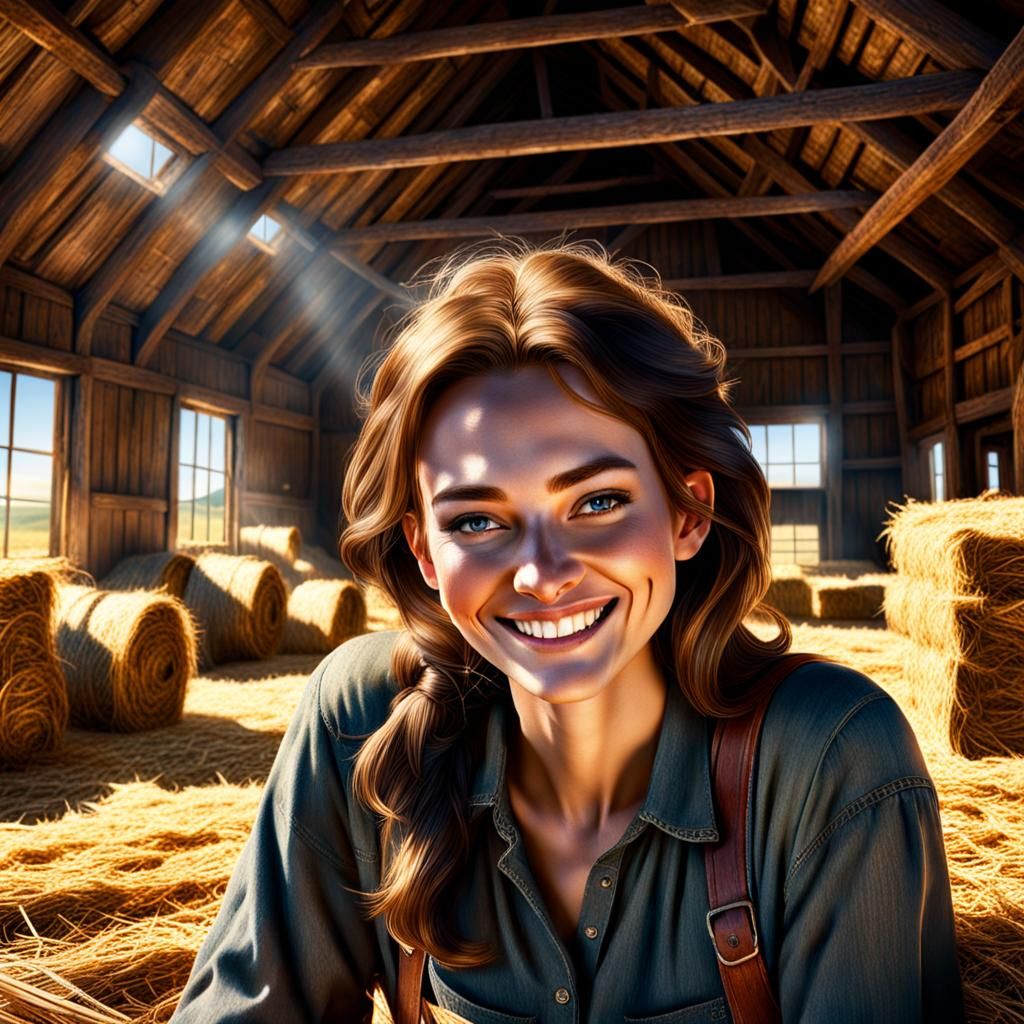 Smiling Country Girl in Sunny Barn Attic