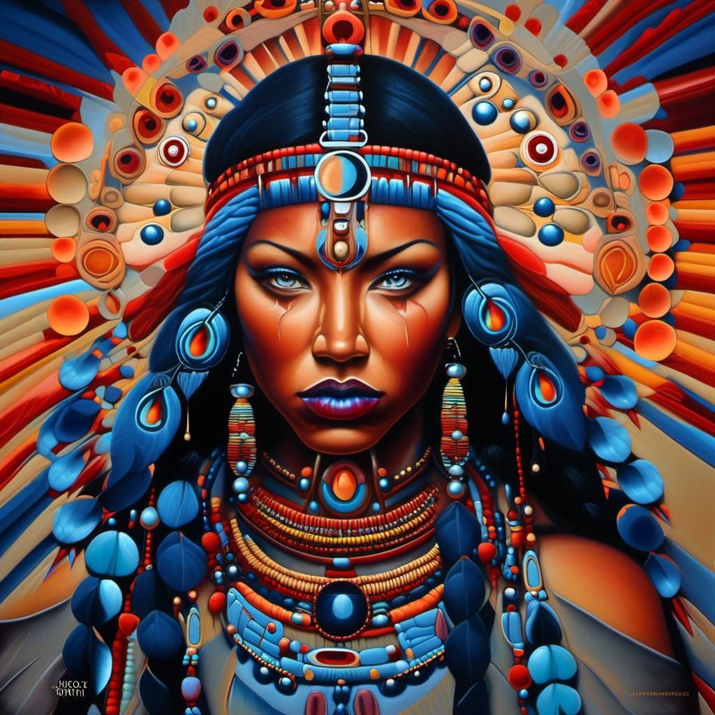 Native American Woman with Red Handprint in Surreal Style