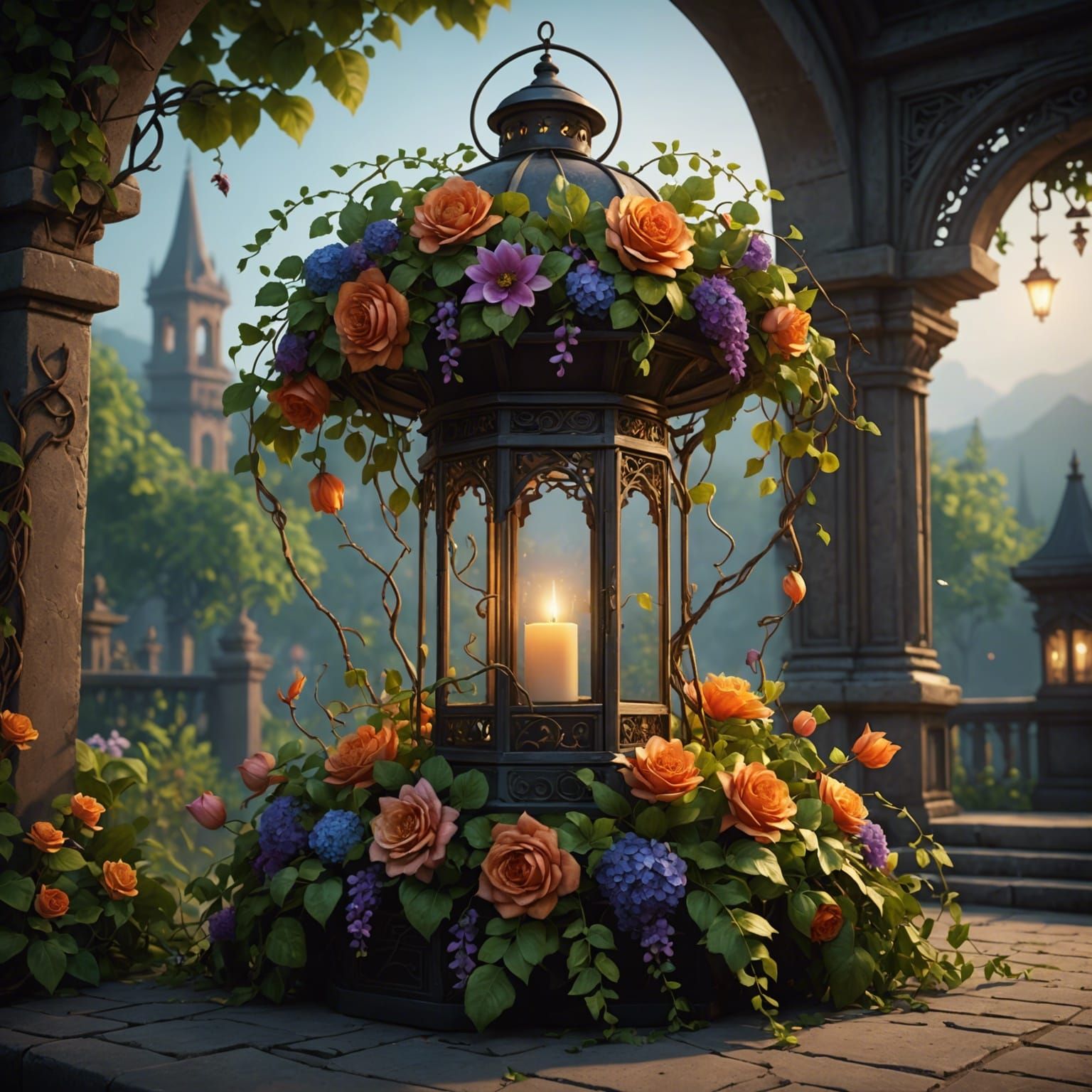 Lantern with Vines and Flowers: Detailed Matte Painting