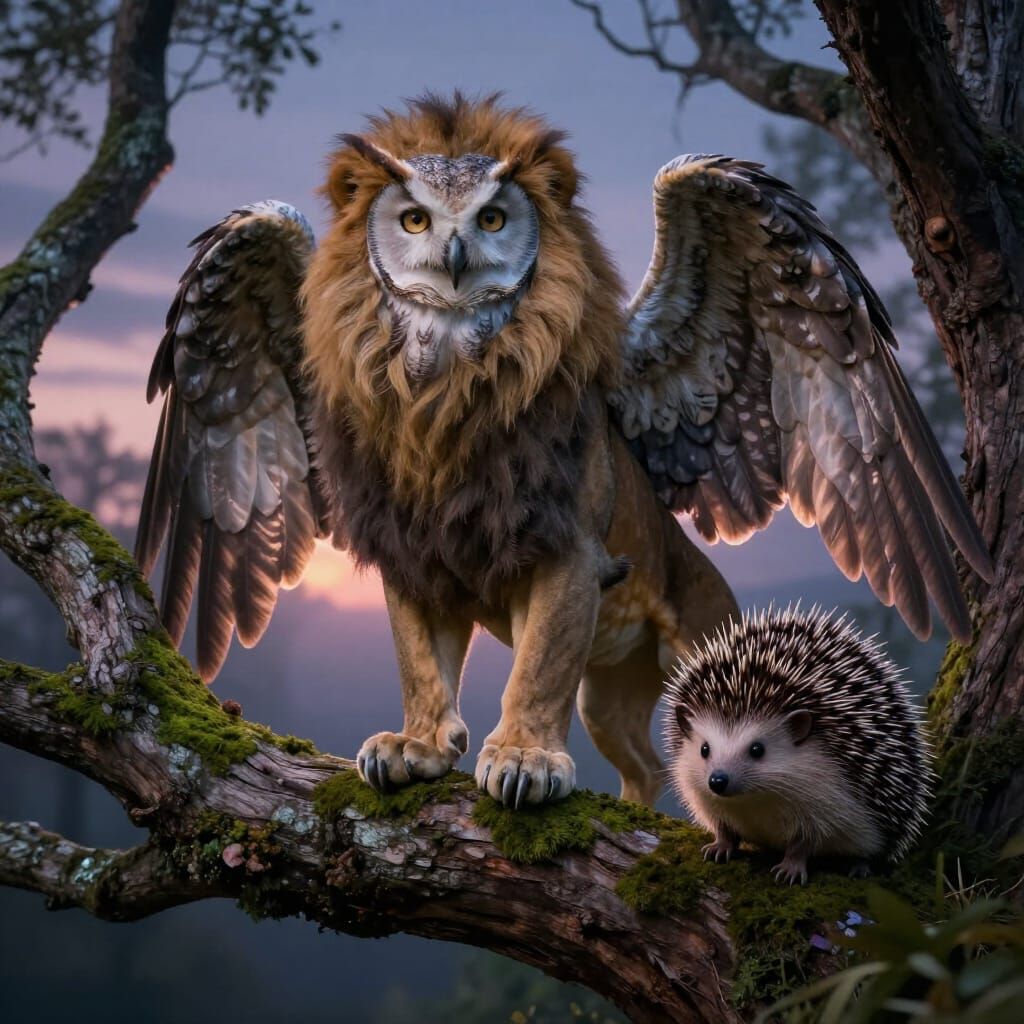 Fantastical Owl-Lion-Hedgehog Hybrid Creature