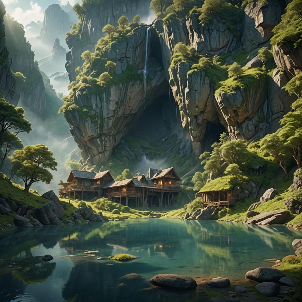 Mountain Cabin and Cave in Cinematic Landscape
