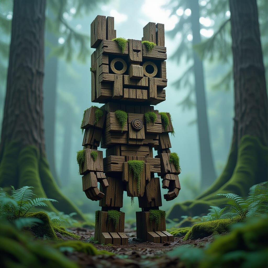 Hyperrealistic Forest Spirit Totem in Ancient Woodland