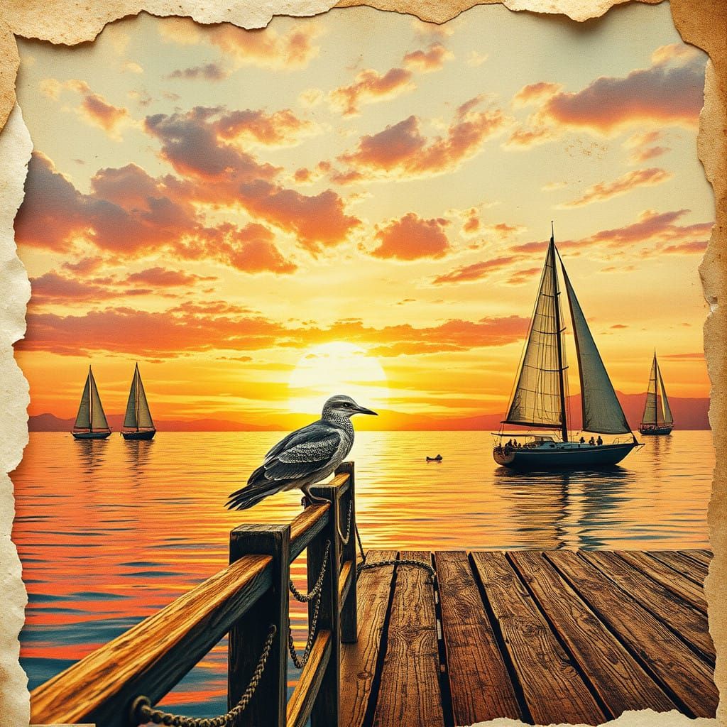 Whimsical Antique Sunrise on the Dock