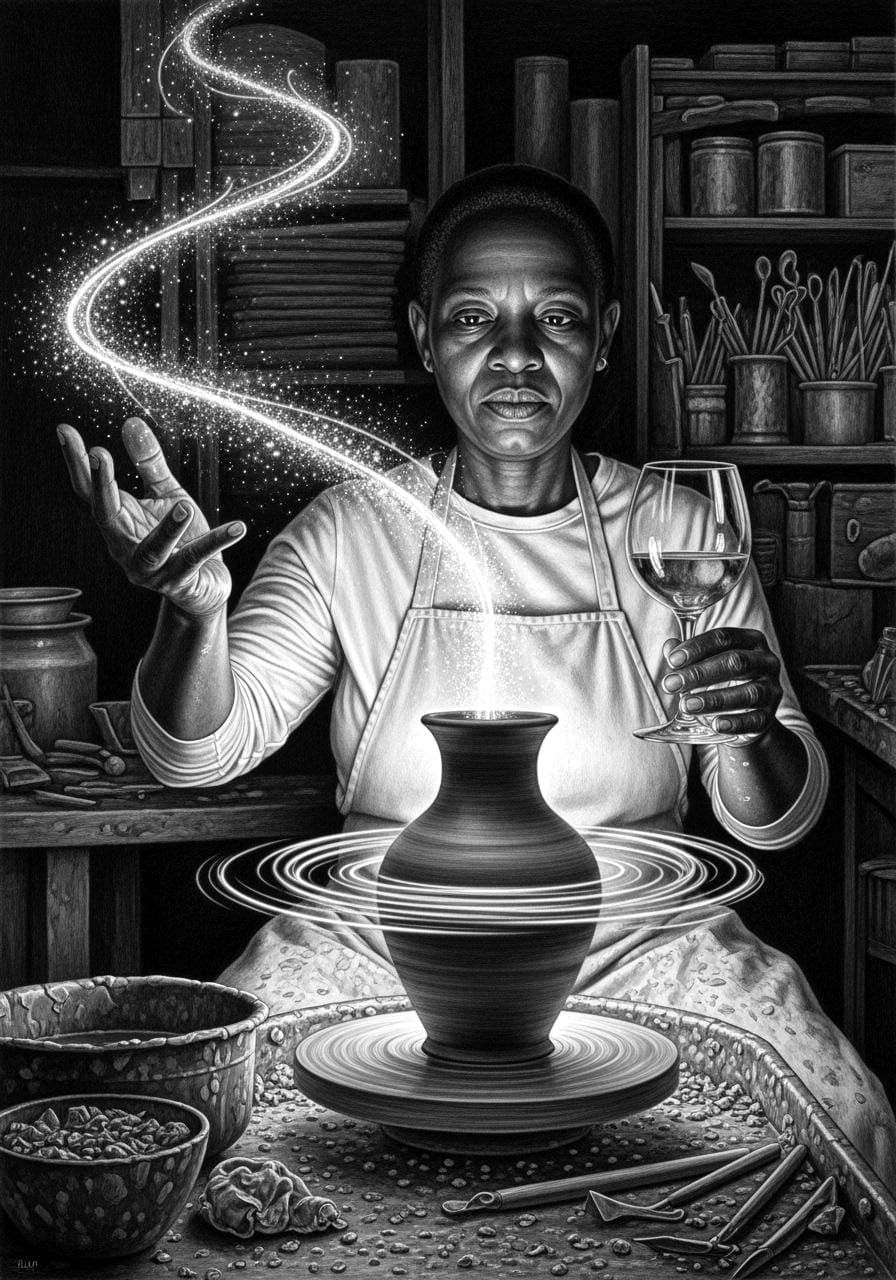 Magical Potter Creates Sparking Vase with Mystical Energy