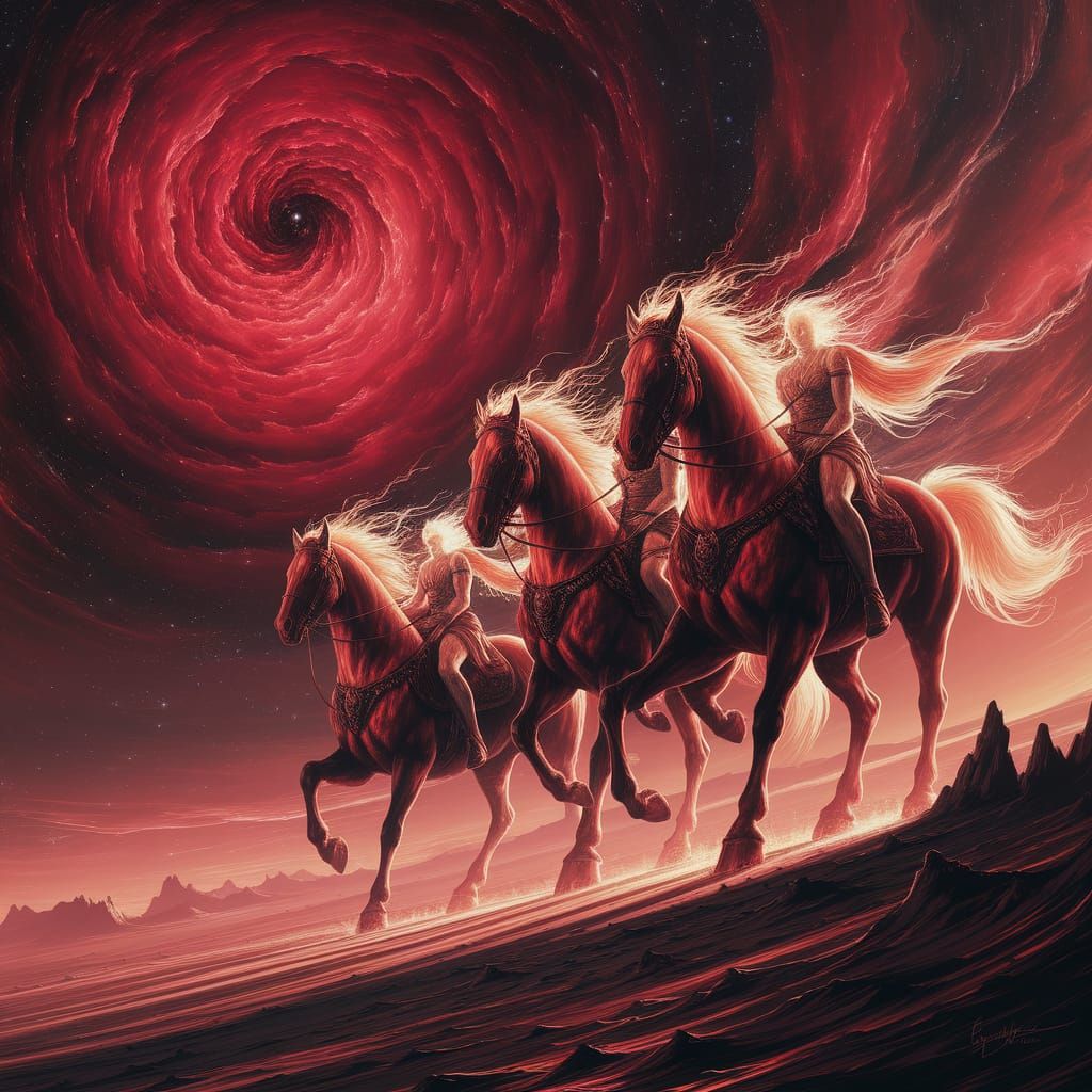 Spectral Riders in Crimson Nebula, Alphonse Mucha Style